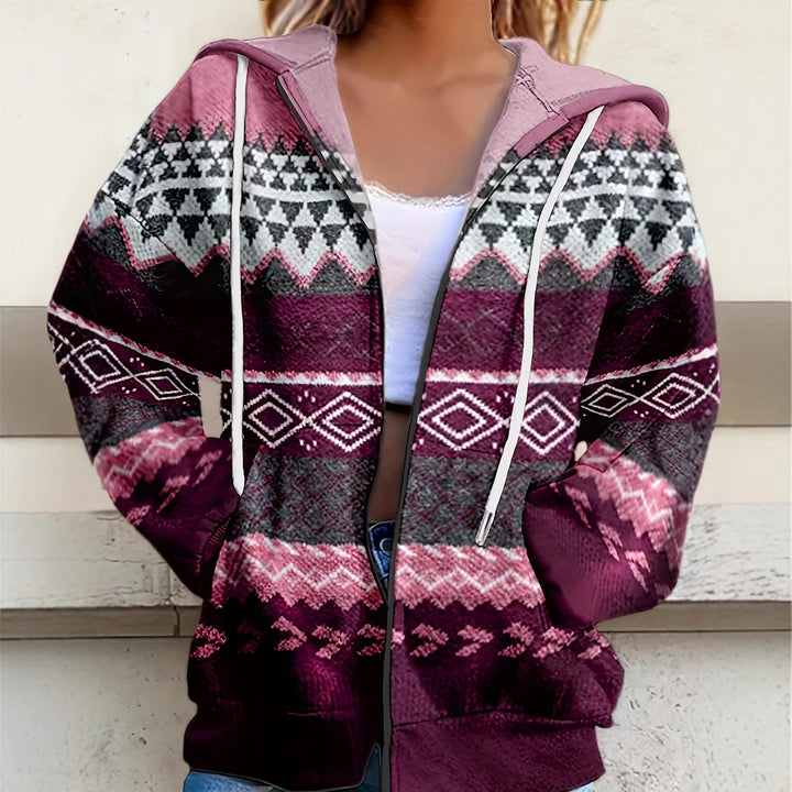 Dame Hyggelig Fleece Zip-Up Hoodie med Geometriske Mønstre Stilla