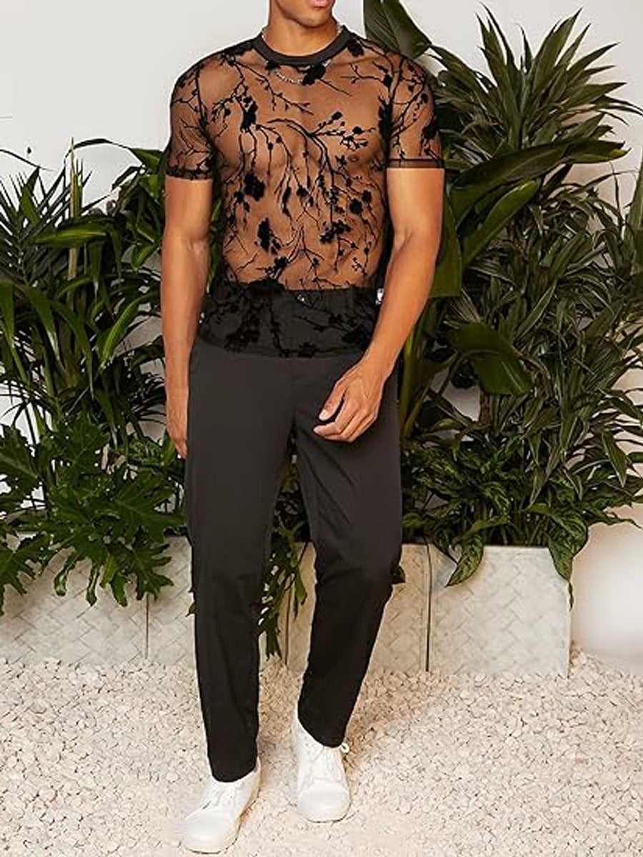 Dame gennemsigtigt T-shirt med blomstermotiv og elastisk krave Stilla