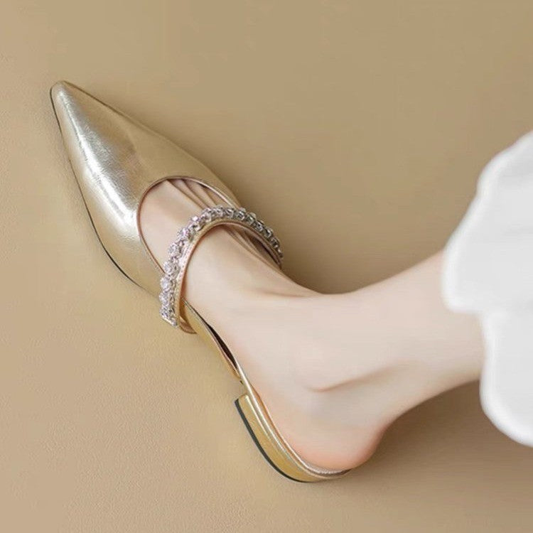 Dame Spids-Tå Slip-On Mules med Strassrem Stilla