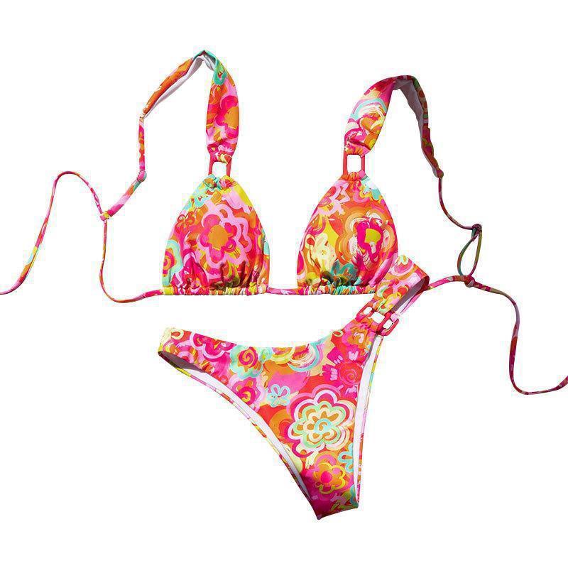 Dame Triangel-Bikini med farverigt blomsterdesign og justerbare stropper Skovae