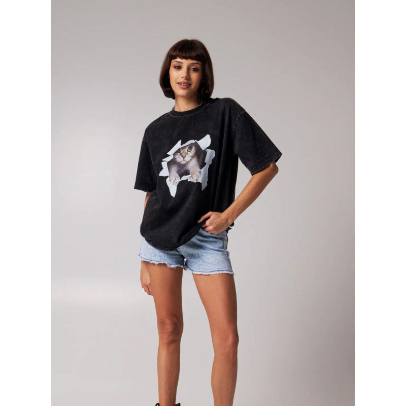 Dame T-shirt med kreativ kattemotiv og struktureret bomulds kvalitet Stilla