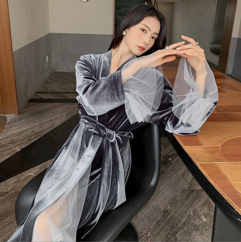 Dame elegant velour maxikjole med frynsede detaljer Stilla