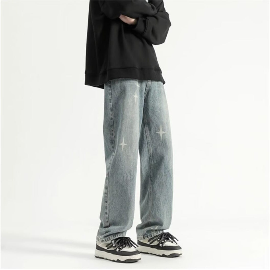 Herren brede jeans med moden distressed-effekt og kreative applikationer Stilla
