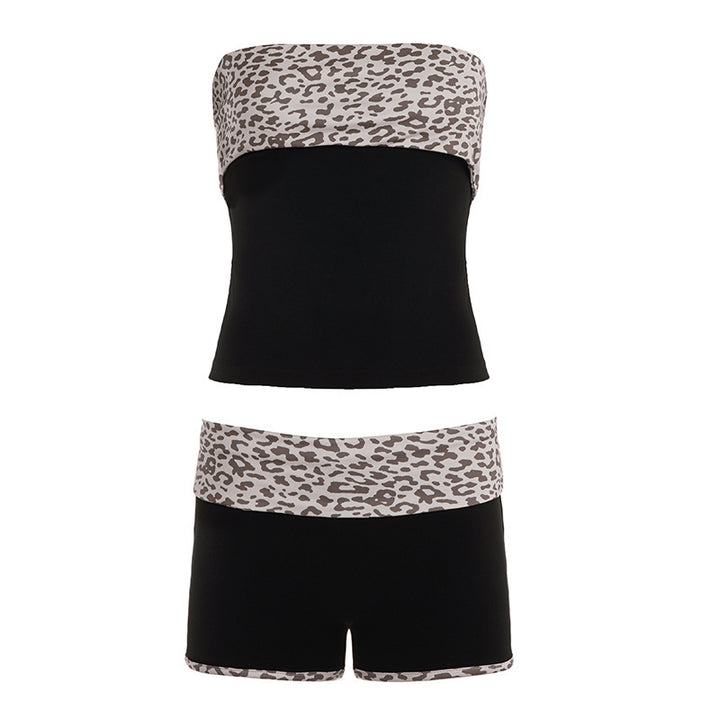 Dame bandeau bikini sæt med moderigtigt leopardmønster og behagelige shorts Skovae