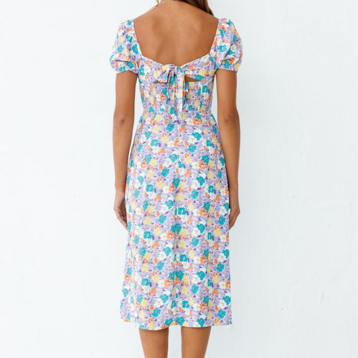 Dame Floral Puffærmer Midi Kjole Stilla