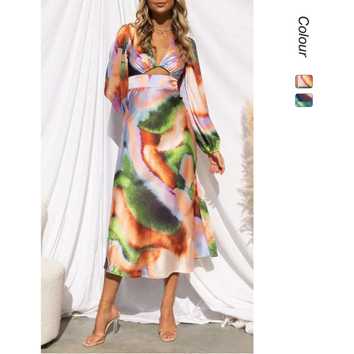 Women's midi dress with innovative cut and colorful pattern Skovae