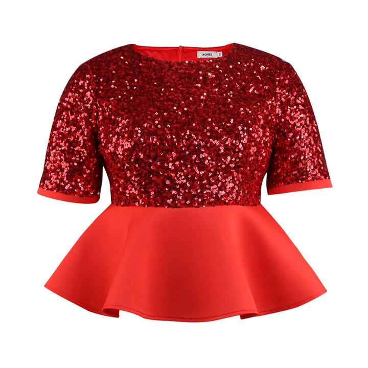 Damer elegant glitrende overdel med svajende peplum Skovae