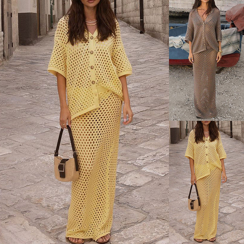 Dame strik-maxi-kjole med åbent mønster og matchende top Stilla