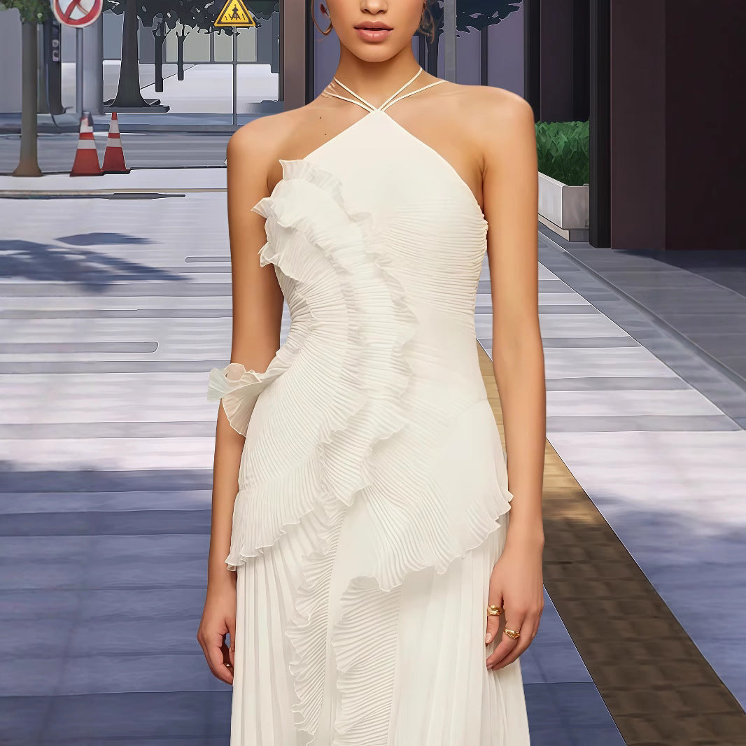 Dame Elegant Wrap Kjole med Flydende Plisseret Nederdel og Asymmetriske Rynkedetaljer