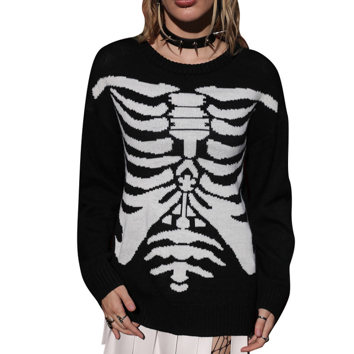 Dame sweater med iøjnefaldende skeletmotiv og afslappet snit Stilla