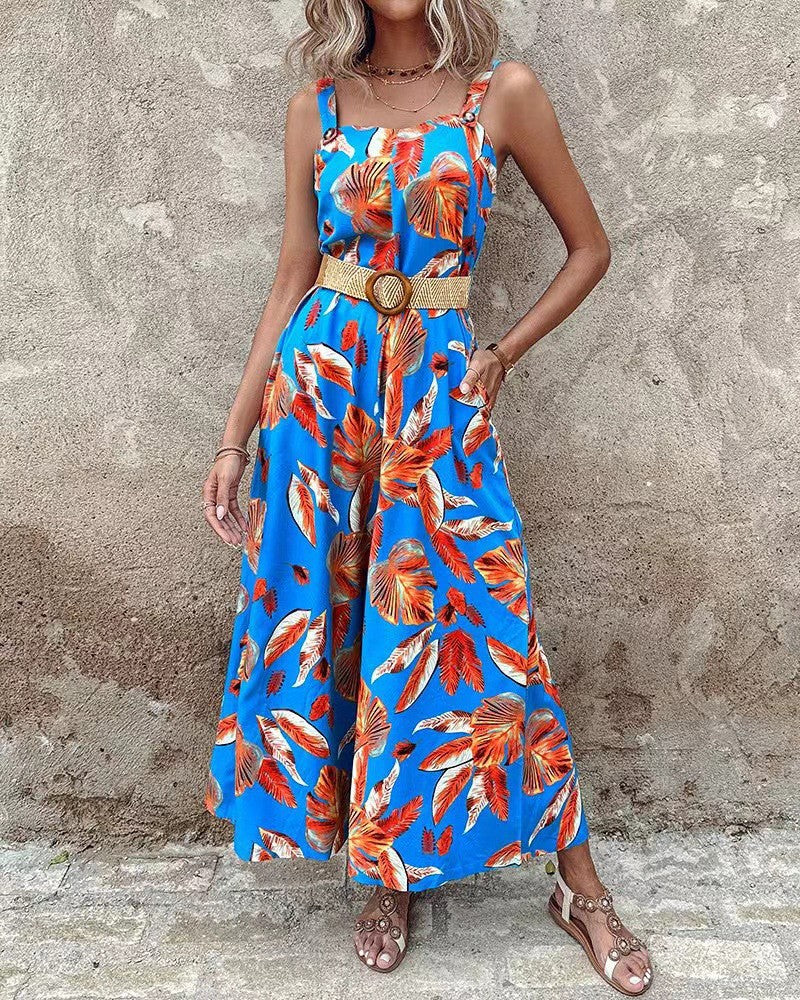 Dame jumpsuit med blomsterprint og bred ben Stilla