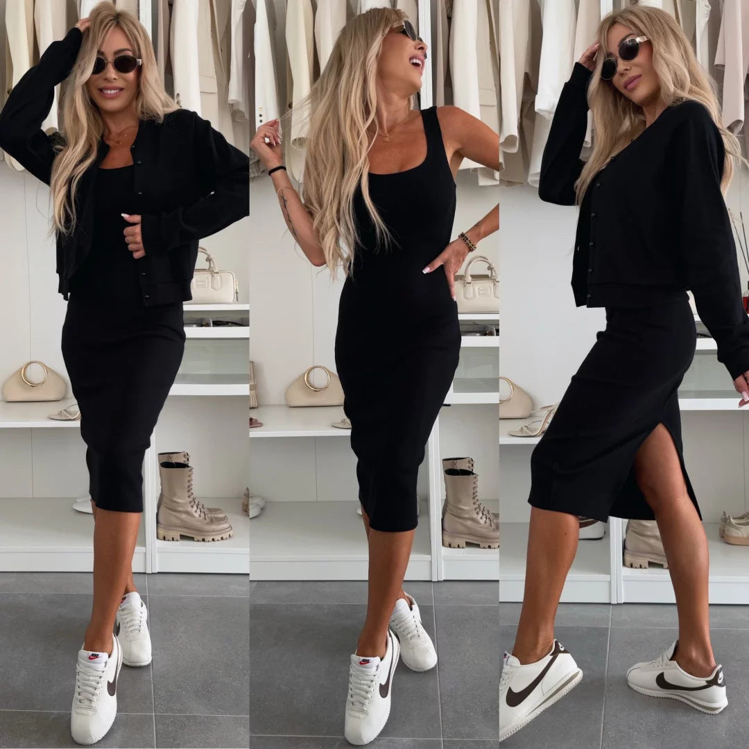 Kvinders sporty kjole med matchende cardigan og elastisk talje snor