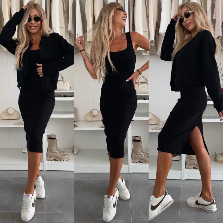 Kvinders sporty kjole med matchende cardigan og elastisk talje snor