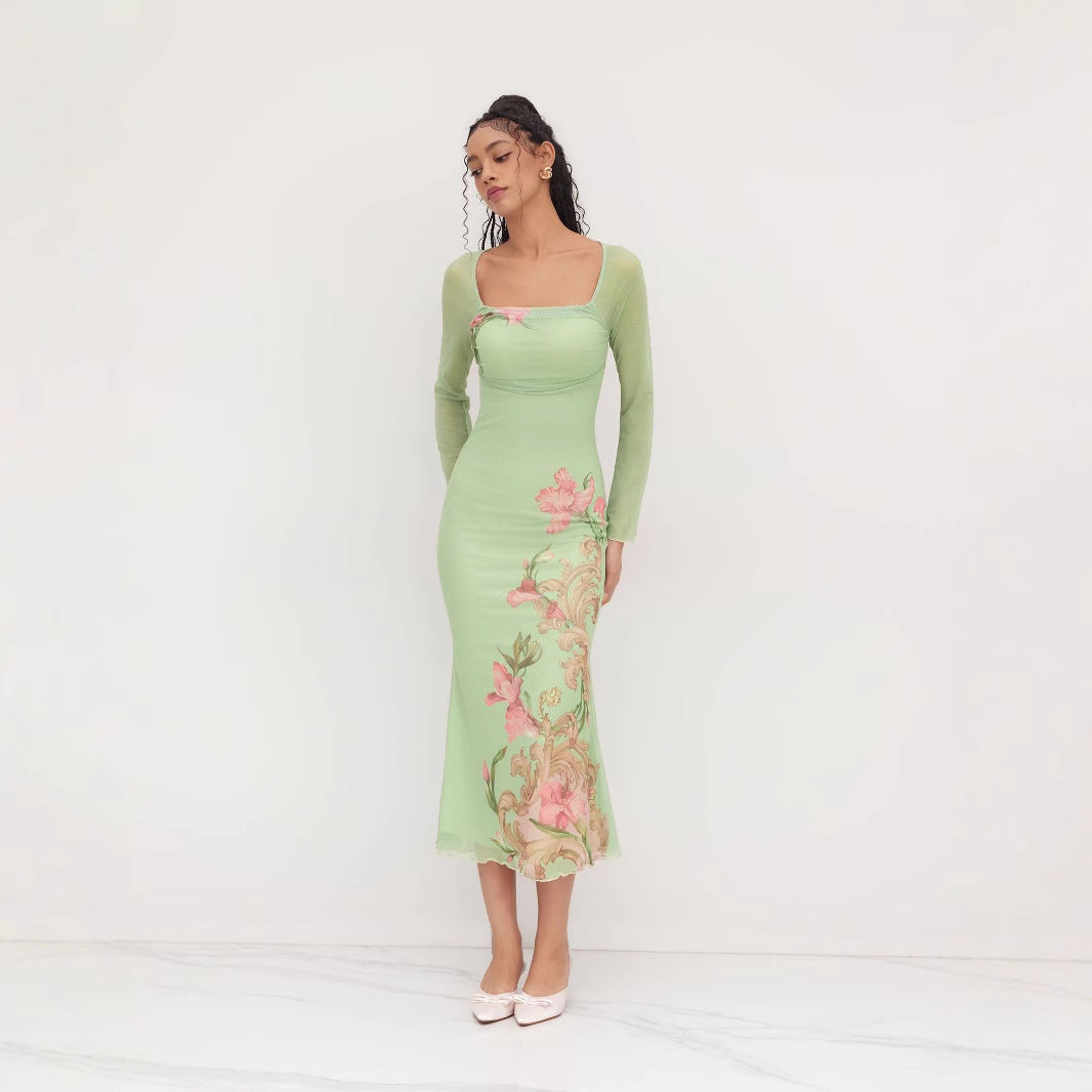 Dame elegant Midikjole med blomsterdesign og gennemsigtige lange ærmer Skovae