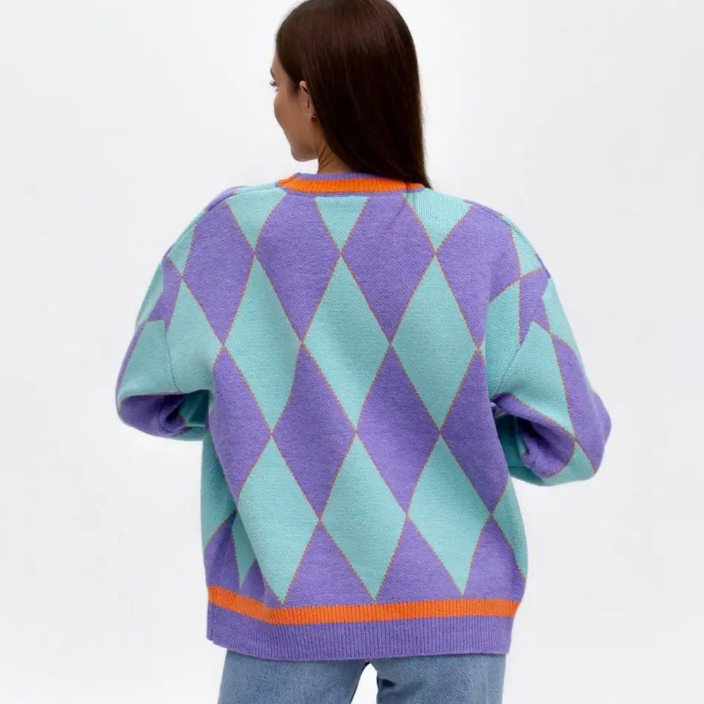Kvinder Stort Sweater i Diamantmønster med Minimalistisk Pasform Stilla