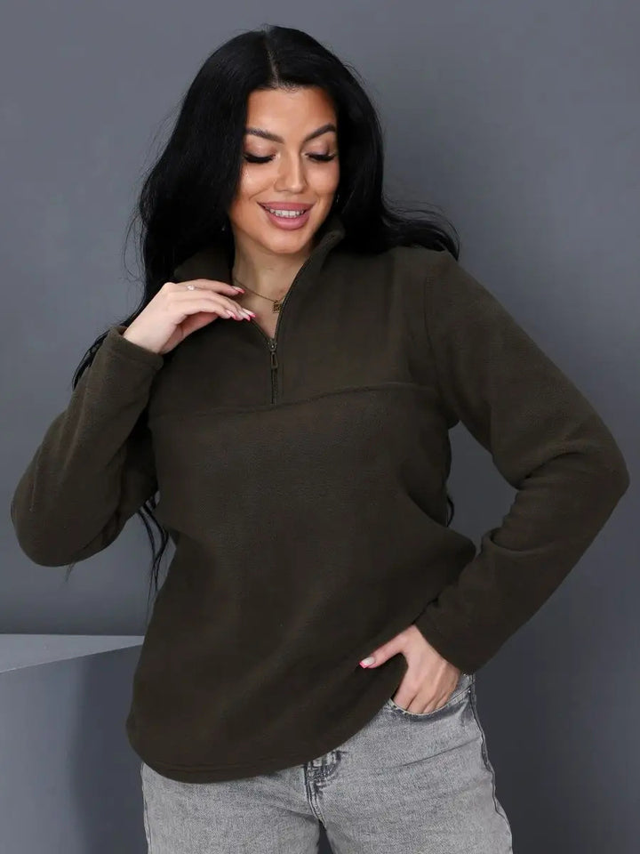 Kvinders fleece pullover med høj krave og praktisk lynlås Skovae