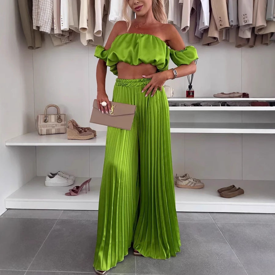 Dame Plisse-bundlang Skirt med elastisk kant og moderne Crop-Top Stilla