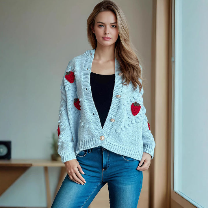 Kvindernes cardigan med leg spæde jordbær broderi og knaplukning Stilla