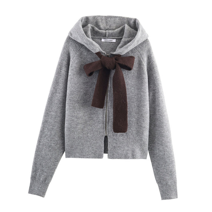 Damer stilfuld strikket sweater med hætte og dekorativ snøre Stilla