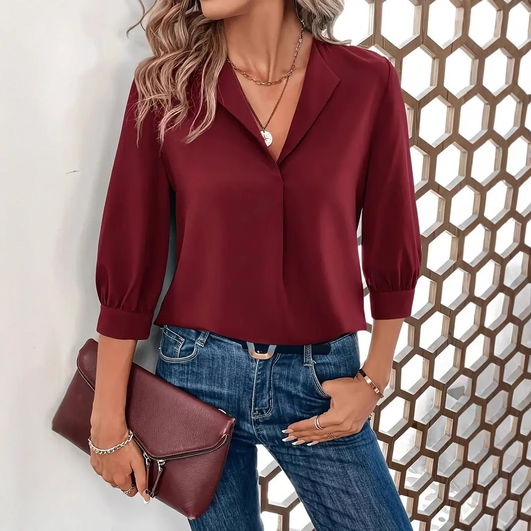 Dame afslappet bluse med 3/4 ærmer og elegant krave Stilla