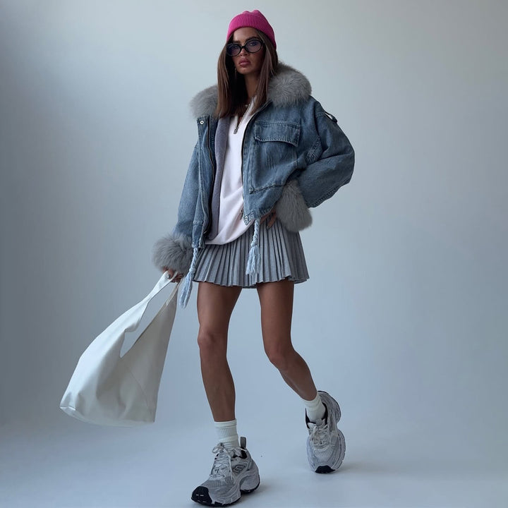 Damer Trendy Denim Jakke med Høj Krave og Løs Pasform Stilla