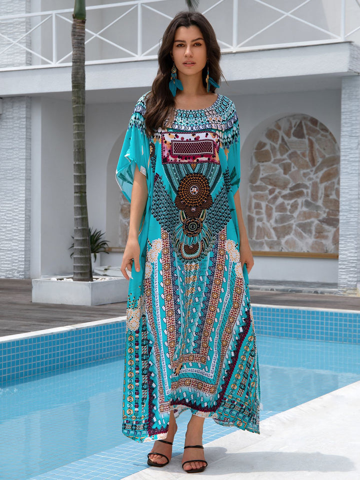 Dame Maxi-Kaftan med moderne etnisk design og elegant V-udskæring Stilla