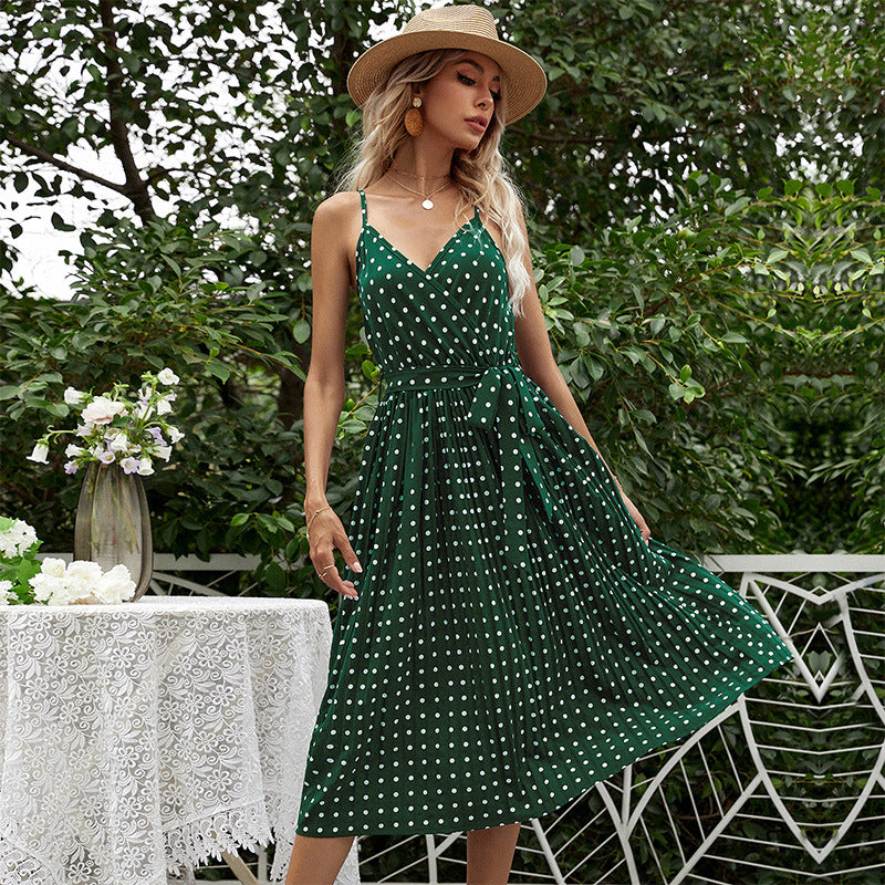 Dame Polka Dot Midi Kjole med Bæltetaske Stilla
