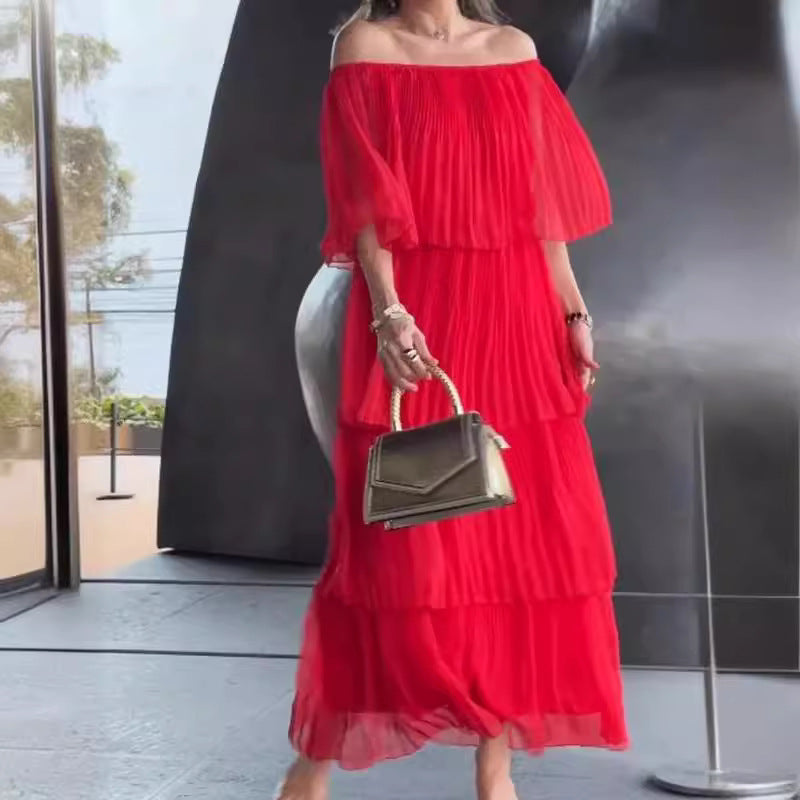 Dame Off-Shoulder Maxikjole med plisserede detaljer Stilla