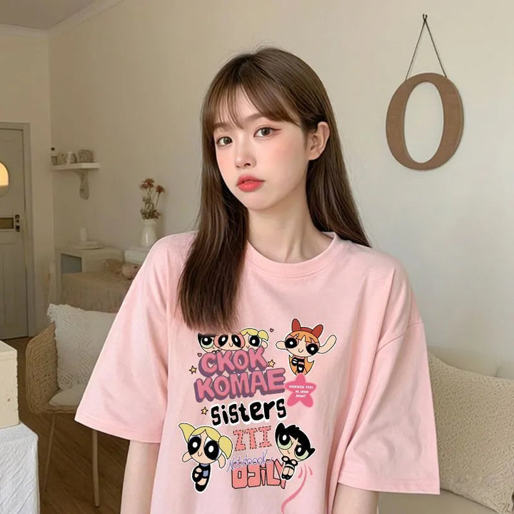 Dame T-shirt med kunstnerisk cartoon-print i afslappet oversized-snit Stilla