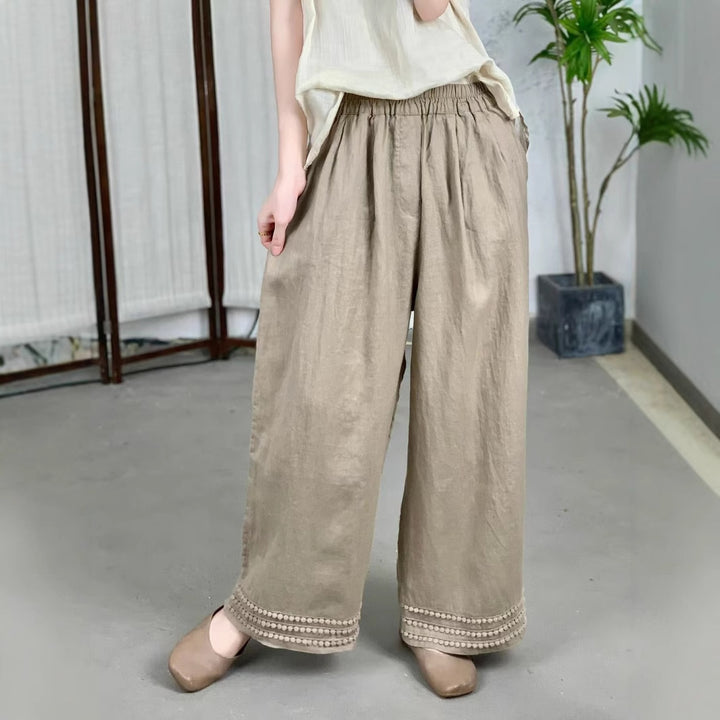 Femme Højskåret Løs Linned Culottes med Dekorativt Bånd Stilla