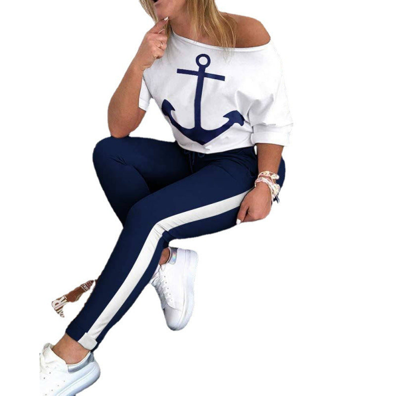 Dame Casual Nautik Grafik T-shirt og Joggingdragt Sæt Stilla