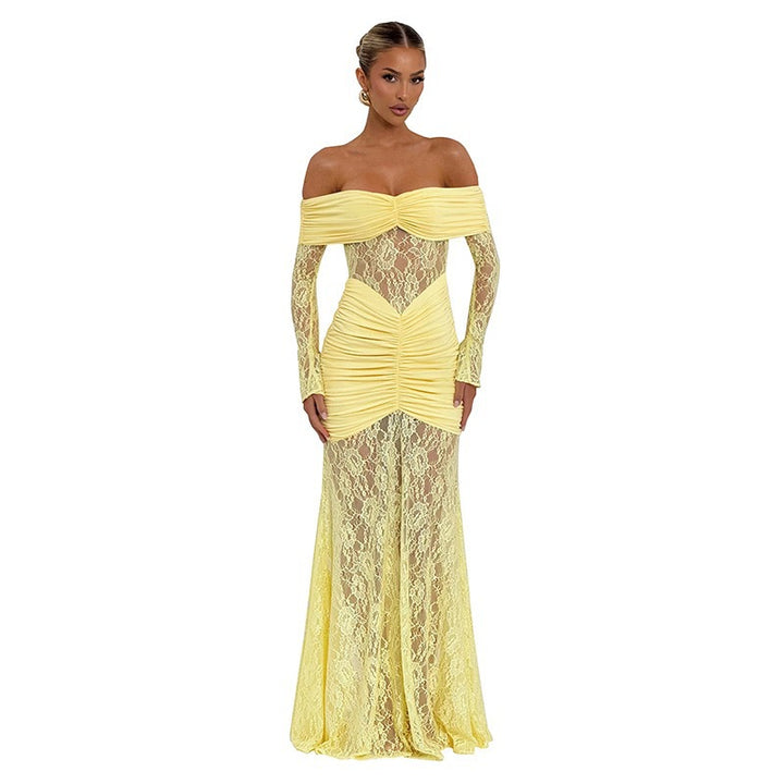 Dame Elegant Langærmet Spidskjole med Draperinger og Off-Shoulder Design Skovae