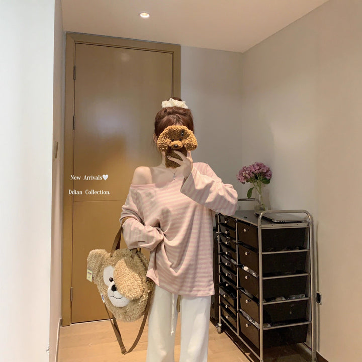 Kvinders afslappede oversized off-shoulder langærmet skjorte med stribet mønster Stilla