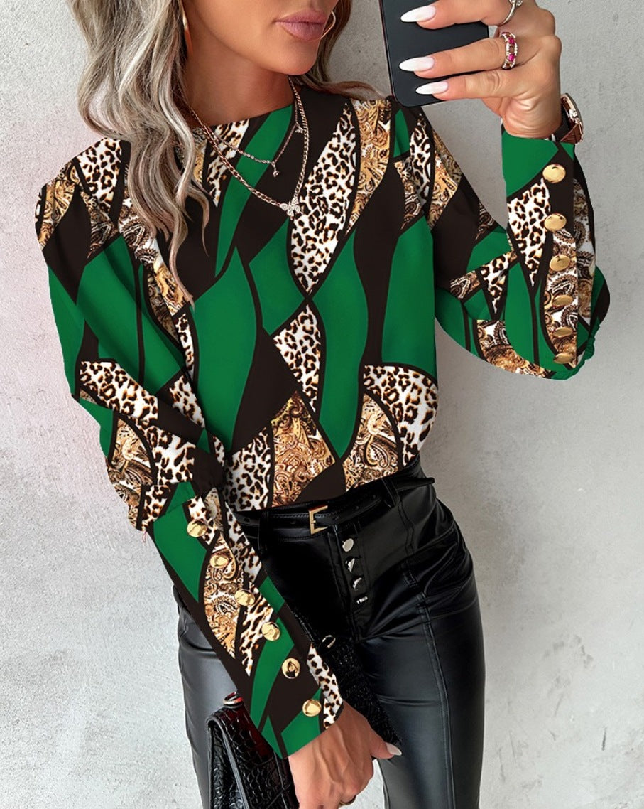 Dame Mode Bluse med unikt mønster og gyldne knapper Stilla