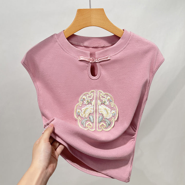 Dame T-shirt med kunstnerisk broderidesign og innovativ slids Stilla