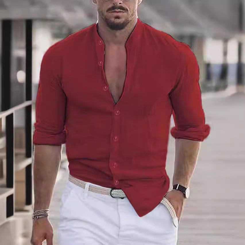 Herre casual linnedshirt med moderne ståkrave og praktisk knaplukning Stilla