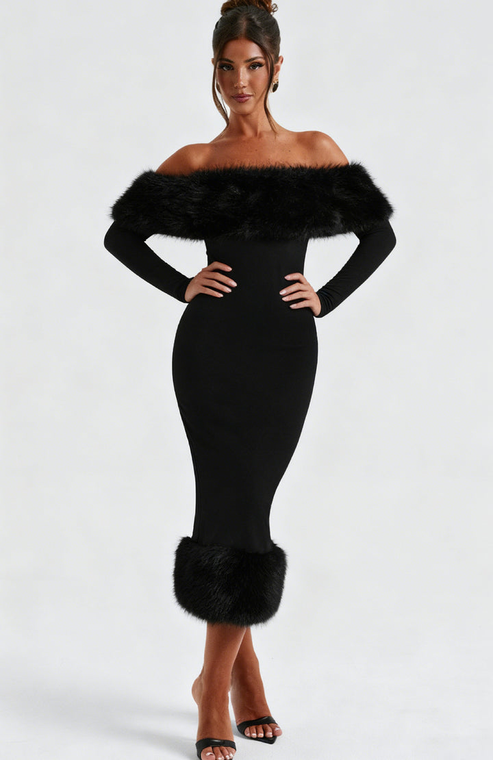 Kvinders Bodycon Kjole med Aftagelige Faux Fur Detaljer