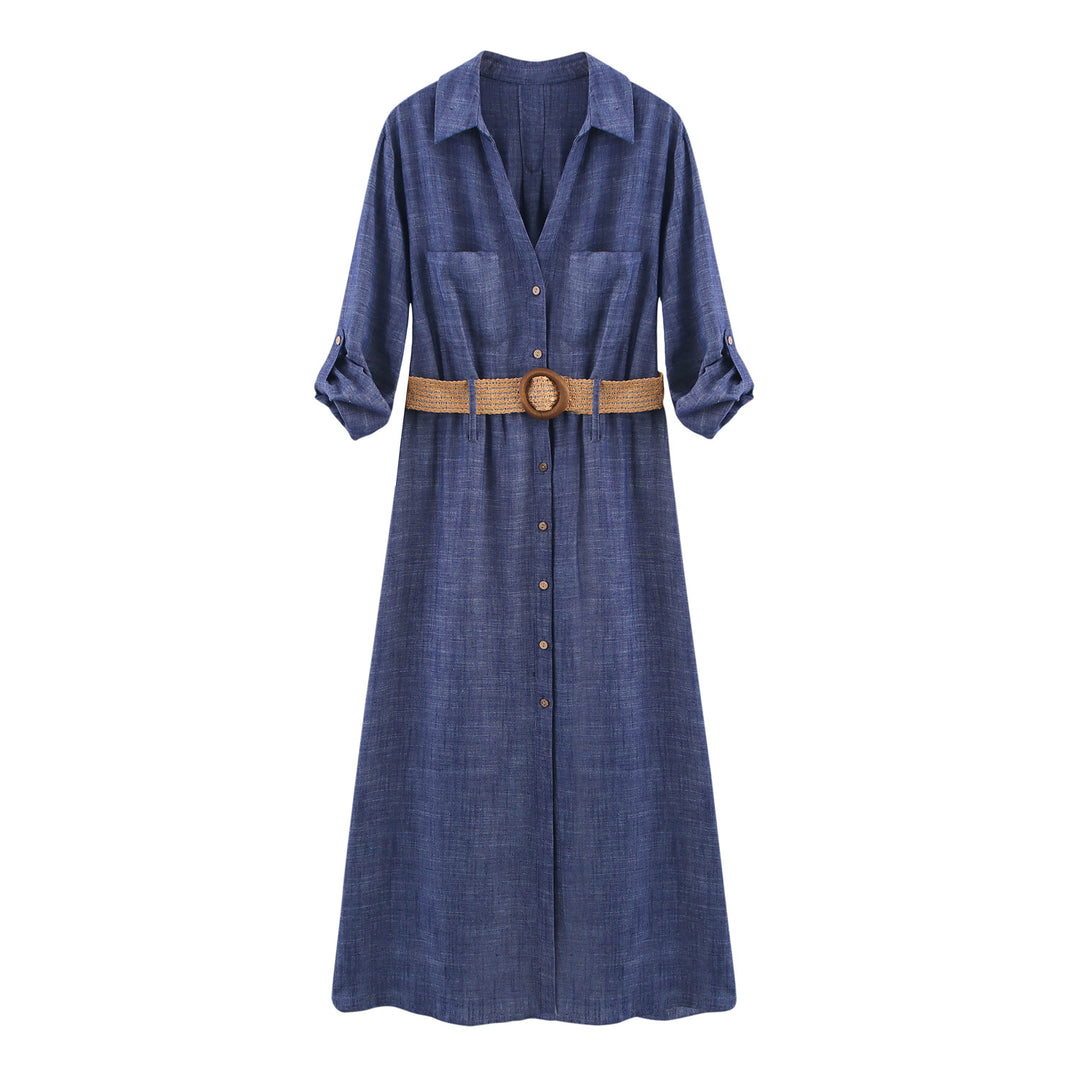 Femme Casual Button-Up Midi Kjole med Bælte Stilla