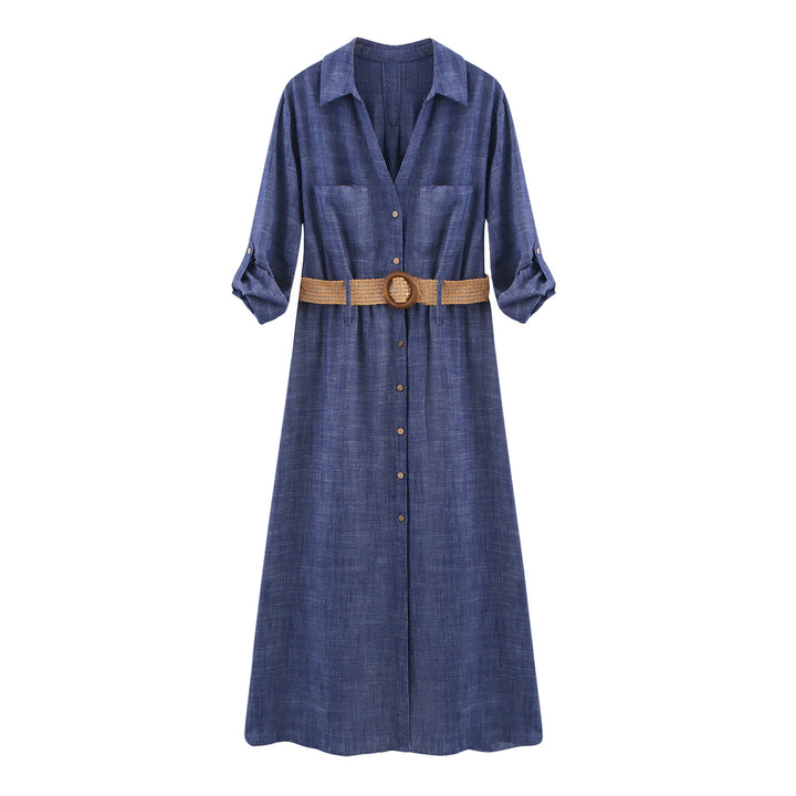 Femme Casual Button-Up Midi Kjole med Bælte Stilla
