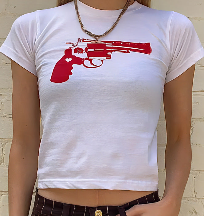 Dame Crop-T-Shirt med kreativt motiv og tætsiddende snit Skovae
