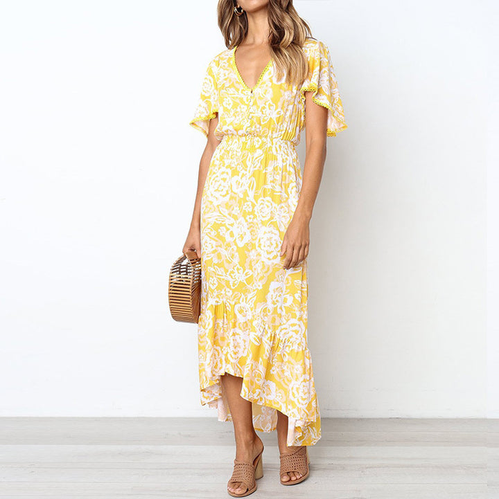 Dame Floral Print Maxi Kjole med Rynkebund Stilla