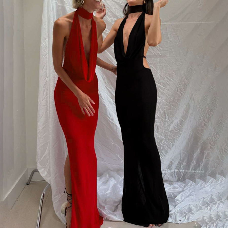 Dame Elegant Maxikjole med dyb V-udskæring og sidelæns cut-outs Skovae