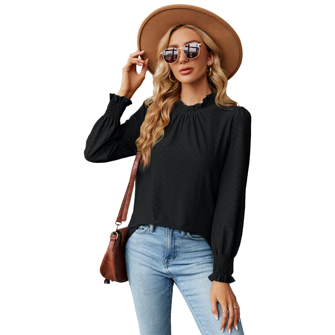 Dame volangbluse med elastiske ribkanter Stilla