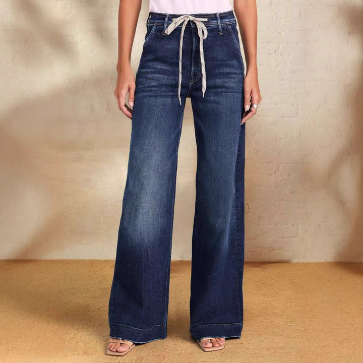 Dame brede jeans med mode snor og elastisk bånd