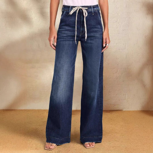 Dame brede jeans med mode snor og elastisk bånd