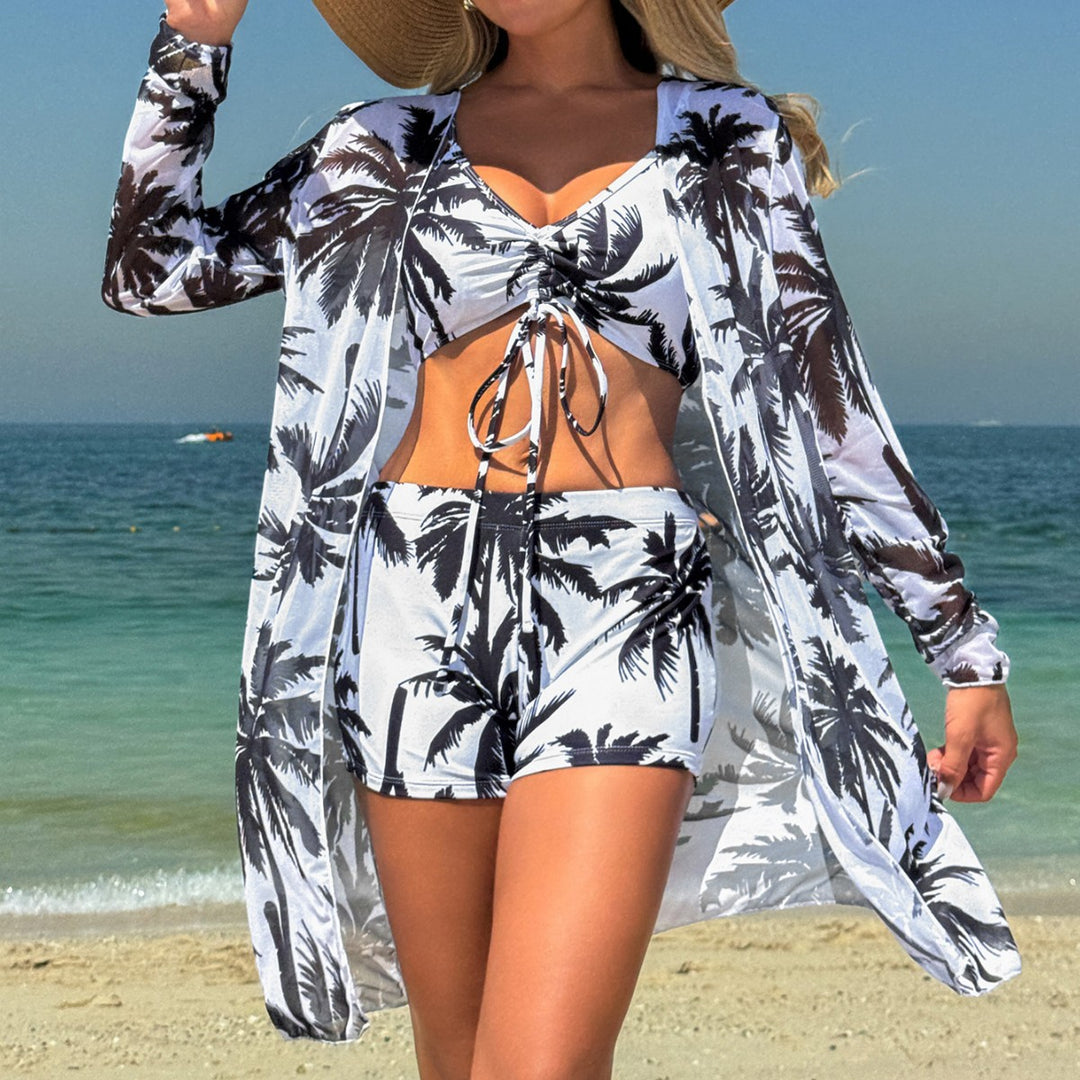 Dame Strand-Kimono og Bikini-Sæt med tropisk Palmendesign Stilla