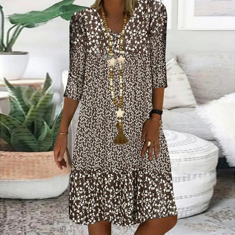 Stilla | Elegant Print Trekvartærmet V-Hals Midi Kjole