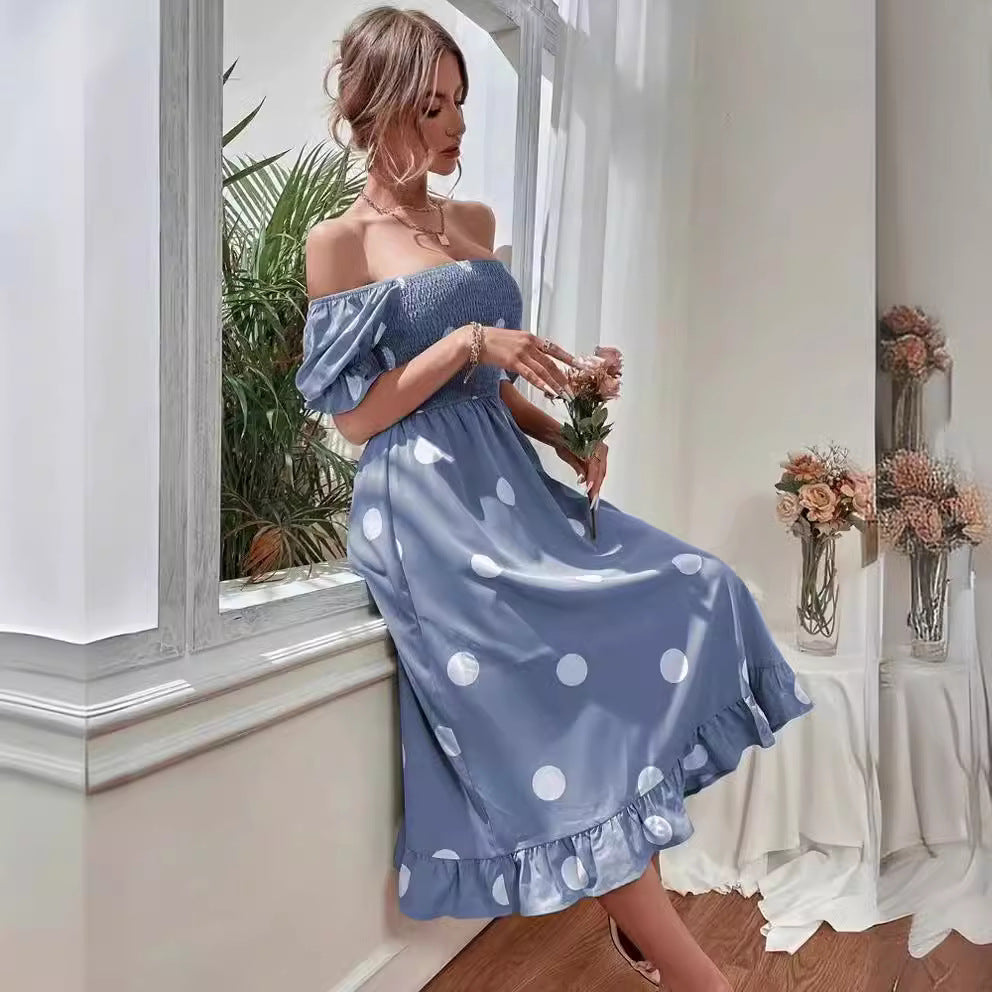 Dame Off-Shoulder Kjole med afslappet Ruffles afslutning og prikker Stilla