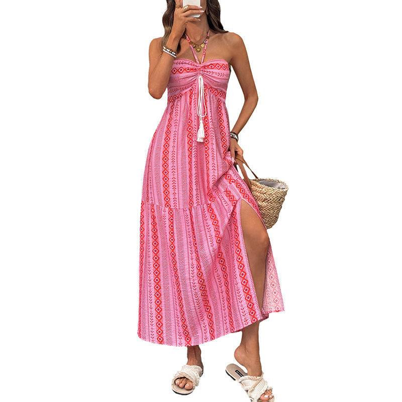 Damen Maxi-Strandkleid mit elastischem Oberteil und verspieltem Muster Skovae