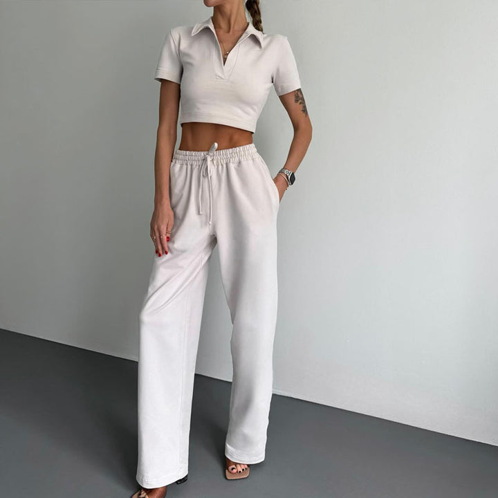 Dame fritid-crop-top og high-waist-bukser sæt Stilla